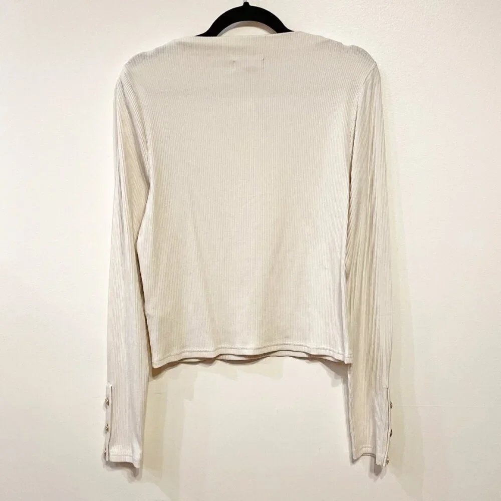 New J.Crew Vintage Rib Split Neck Button Cuff Knit Top Natural Large
